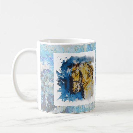 Mug Caneca pintura "Cavalo" com fundo em manchas azuis (Gauche)
