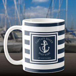 Mug Capitaine et nom du bateau Navy Blue Stripe Ancre