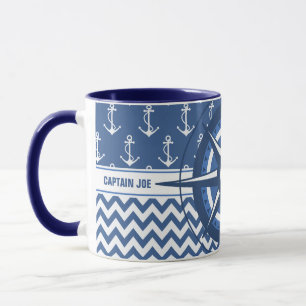 Mug Capitaines bleus et blancs nautiques de coutume de