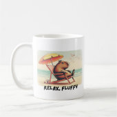 Mug Capybara at beach says: relax, fluffy (Gauche)