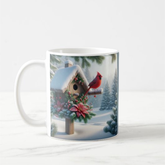 Mug Cardinal d'hiver sur une maison d'oiseaux festive (Gauche)