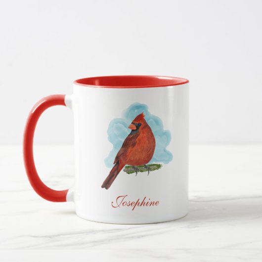 Mug Cardinal rouge à l'aquarelle avec nom (Gauche)