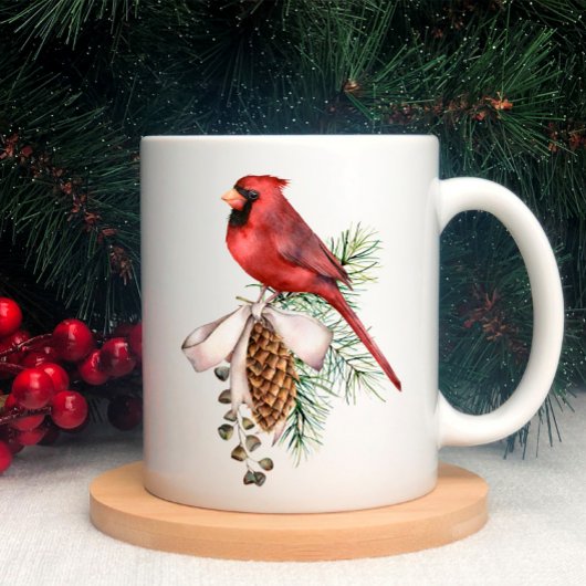 Mug Cardinal rouge, cônes de pin, Branche, Noël au rub