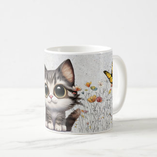 Mug Caricature adorable Tabby Chat, fleurs & papillons