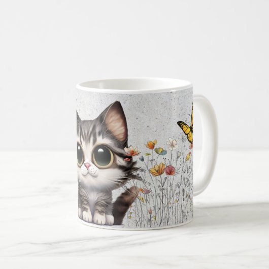 Mug Caricature adorable Tabby Chat, fleurs & papillons (Devant droit)