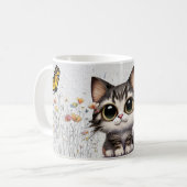 Mug Caricature adorable Tabby Chat, fleurs & papillons (Devant gauche)