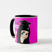 Mug Caricature DIPLÔMÉE Cadeau Femme Noir Cheveux Bleu (Devant gauche)