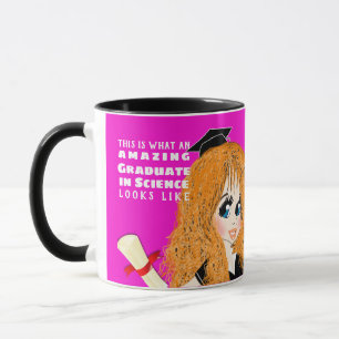 Mug Caricature DIPLÔMÉE Cadeau Rouge Long cheveux Bleu