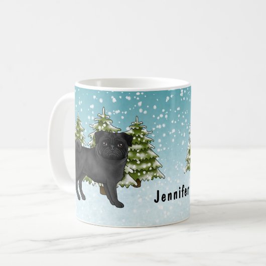 Mug Carlin noir mignon caricature Chien Snowy Winter F (Devant gauche)