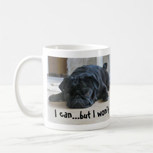 Mug Carlin noir mignon, lazy, chiot, je ne veux pas (Gauche)