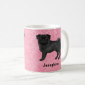 Mug Carlin noir Mops et coeurs roses avec nom (Devant droit)