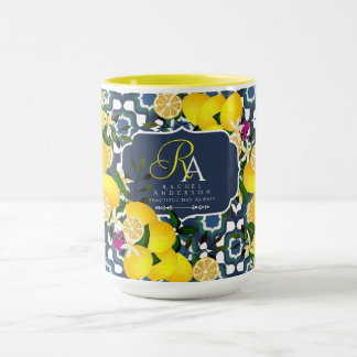 Mug Carreaux Méditerranéens au Citron Bleu Nuit Blanc
