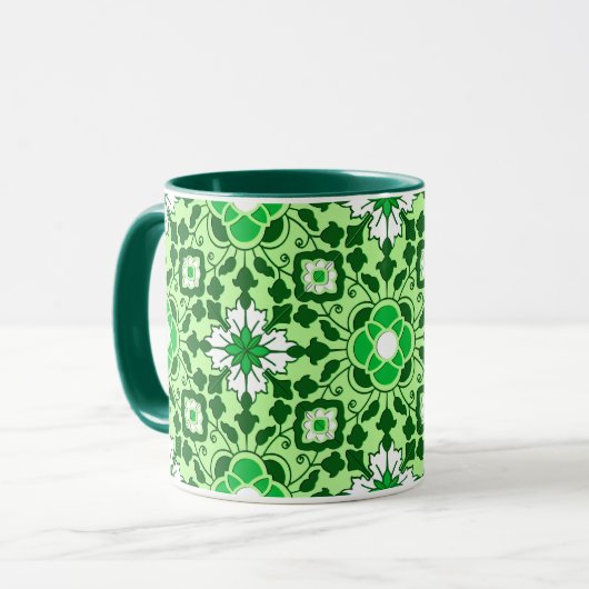Mug Carrelage marocain floral, émeraude et vert citron (Devant gauche)