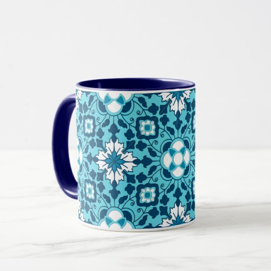 Mug Carrelage marocain floral, Indigo, bleu ciel et bl (Devant gauche)