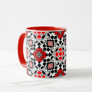 Mug Carrelage marocain floral, rouge profond, noir et