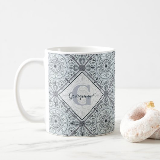 Mug Carrelage personnalisé Harmonie florale Gris Manda (Avec donut)
