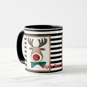 Mug carte de cerf de Noël élan rayé noir blanc célébri