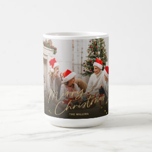 Mug Carte de vœux de Noël famille photo dorée Joyeux N