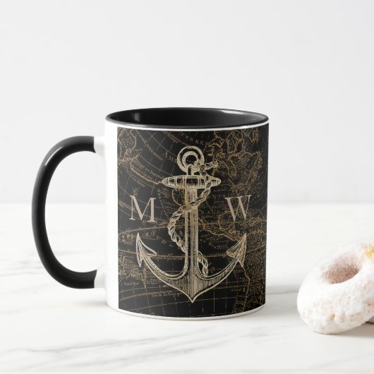Mug Carte du monde des Ancres nautiques Noir monograph (Avec donut)