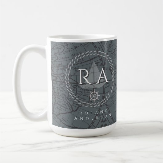 Mug Carte grise monogramme de corde nautique (Gauche)