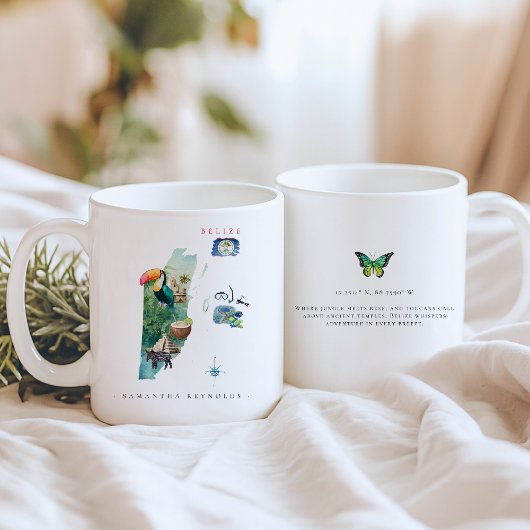 Mug Carte illustrée au lavis de Bélize | Monogramme