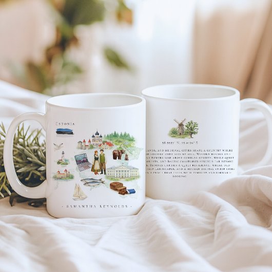 Mug Carte illustrée en aquarelle Estonie | Monogramme