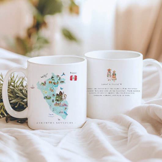 Mug Carte illustrée en aquarelle Pérou | Monogramme