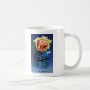Mug Carte postale rose et colombe sur fond bleu foncé