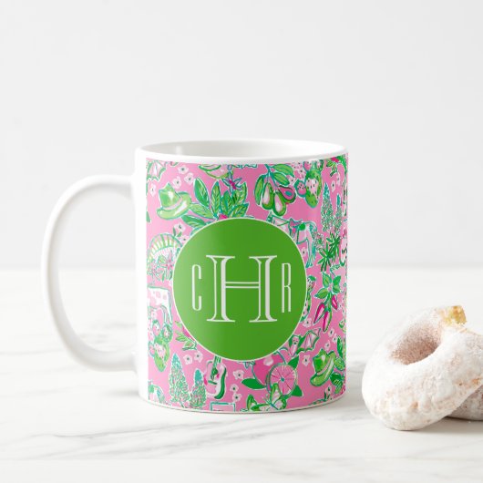 Mug Carte Texas Pink & Green Preppy Motif Monogramme (Avec donut)