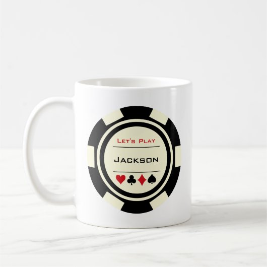 Mug Casino Poker Chip Noir Crème Rouge avec nom (Gauche)