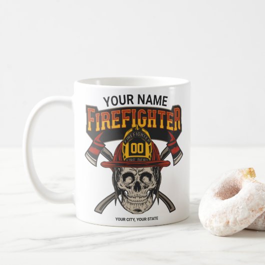 Mug Casque de crâne pompier personnalisé Ax pompier (Avec donut)