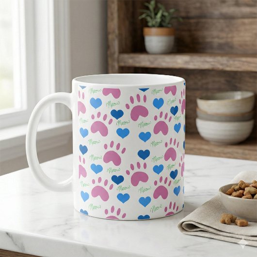 Mug Cat Paw Prints Hearts Meow Pink Blue Green