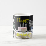 Mug Cats celebrating a birthday with cake and candles<br><div class="desc">Cute and funny vintage photograph of two dressed cats sitting in a chair on a table,  celebrating a birthday with cake and candles. Personalize by adding your own text.</div>