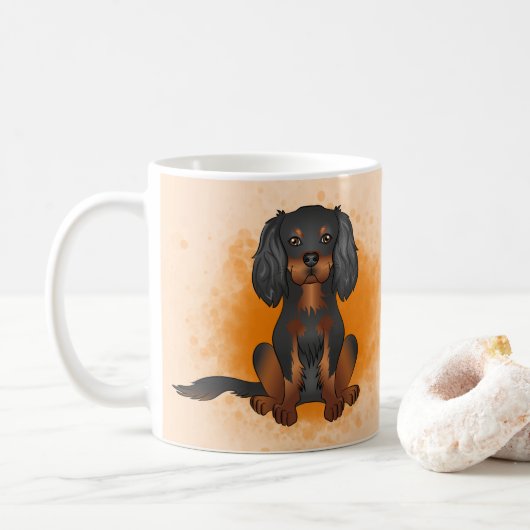 Mug Cavalier King Charles noir et feu sur fond orange (Avec donut)