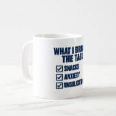 Mug Ce que j'apporte à la table Snacks Anxiété Faits (Devant gauche)