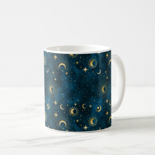 Mug Céleste Bleu et Or Starry Night Crescent Lune (Devant droit)