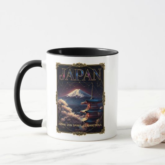 Mug Celestial Mount Fuji Japan Pagoda Travel Art (Avec donut)
