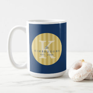 Mug Cercle rayé bleu jaune Monogramme de famille perso