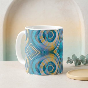 Mug Cercles et diamants en batik turquoise et jaune