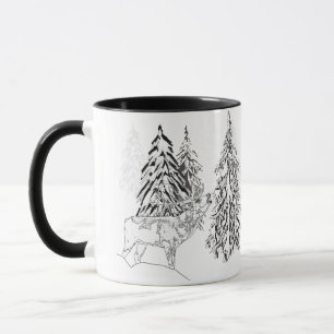Mug Cerfs, hiver, forêt, arbres de Noël, monochrome