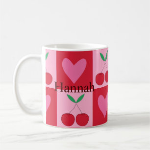Mug Cerises à Carreaux avec Cœurs Roses Nom Personnali