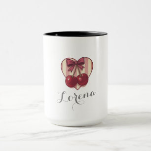 Mug Cerises Rétro Design Cœur avec Ruban Mignon Vintag