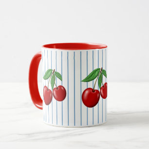 Mug Cerises Rouges sur Motif Graphique à Rayures Bleue