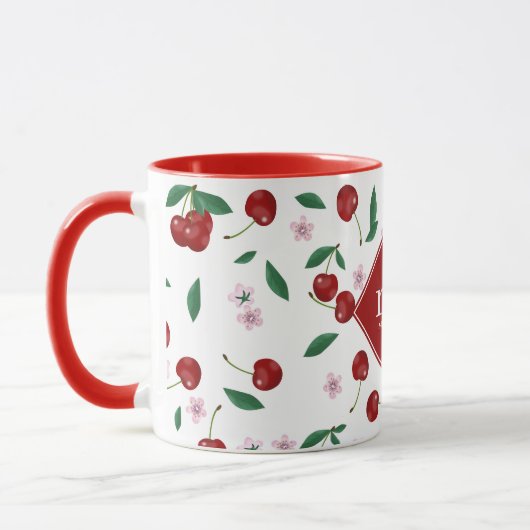 Mug Cerises rouges Verdure & Fleurs de cerises Monogra (Gauche)