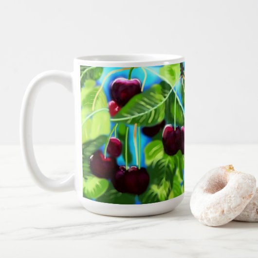 Mug Cerises suspendues des branches Cerise Rouge Vert (Avec donut)