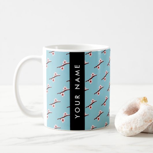 Mug Cerisier à fleurs, rose Sakura, Votre Nom (Avec donut)