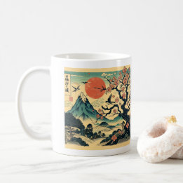 Mug Cerisier Japonais Gravure sur Bois Soleil Rouge Mo