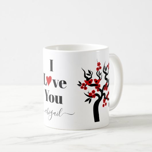 Mug Cerisier rouge et noir Inséparable aux fleurs (Devant droit)