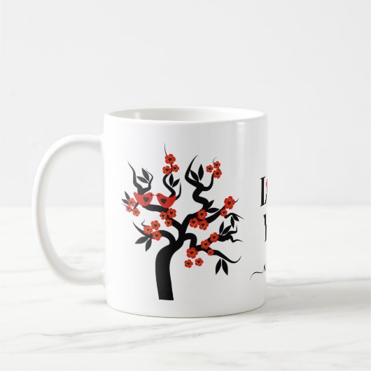 Mug Cerisier sakura Inséparable rouge et fleurs (Gauche)