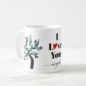 Mug Cerisier sakura turquoise Inséparable et fleurs (Devant gauche)
